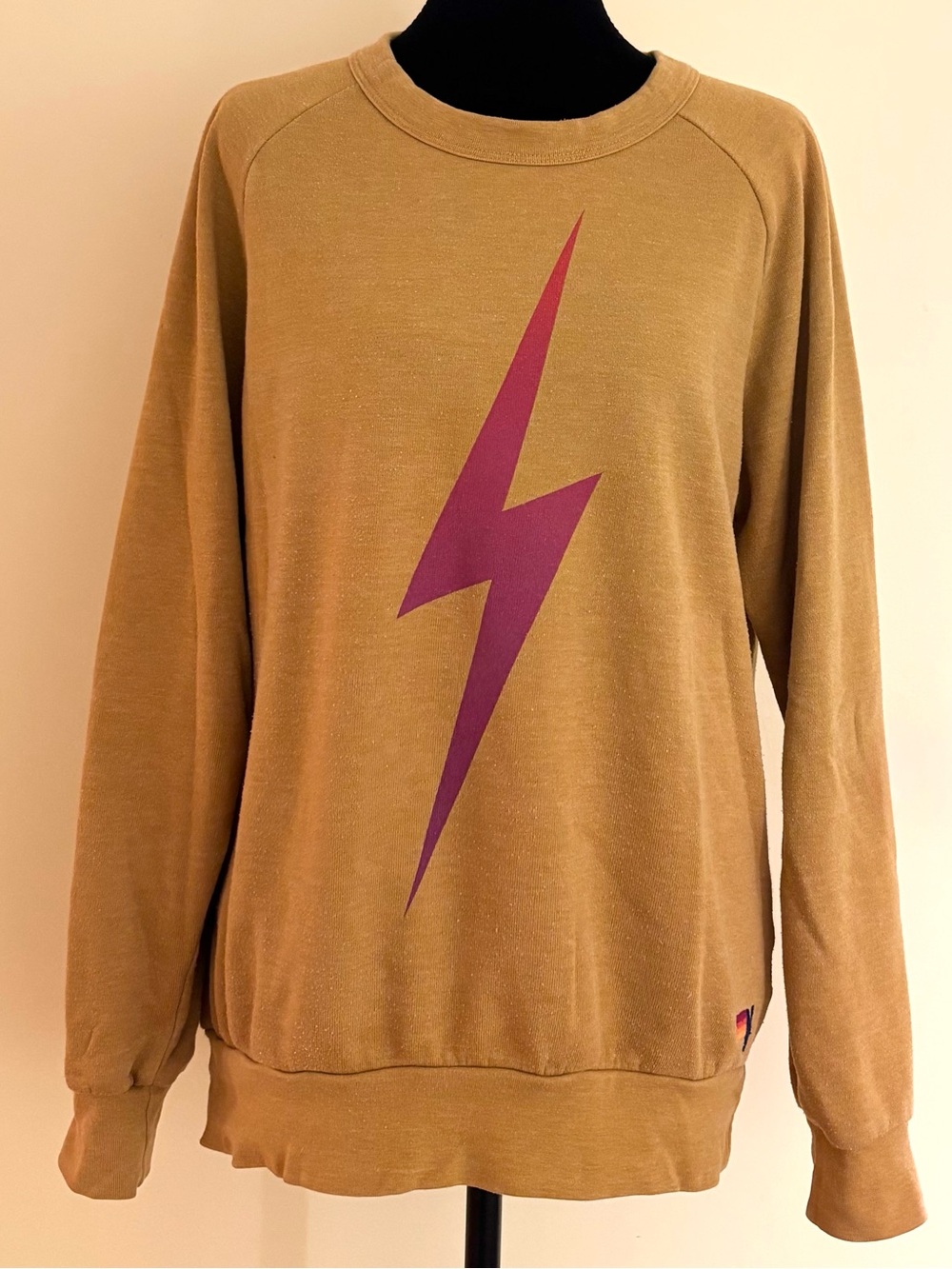 Aviator Nation Unisex Mustard Yellow Lightning Bolt Crew Sweatshirt Size S